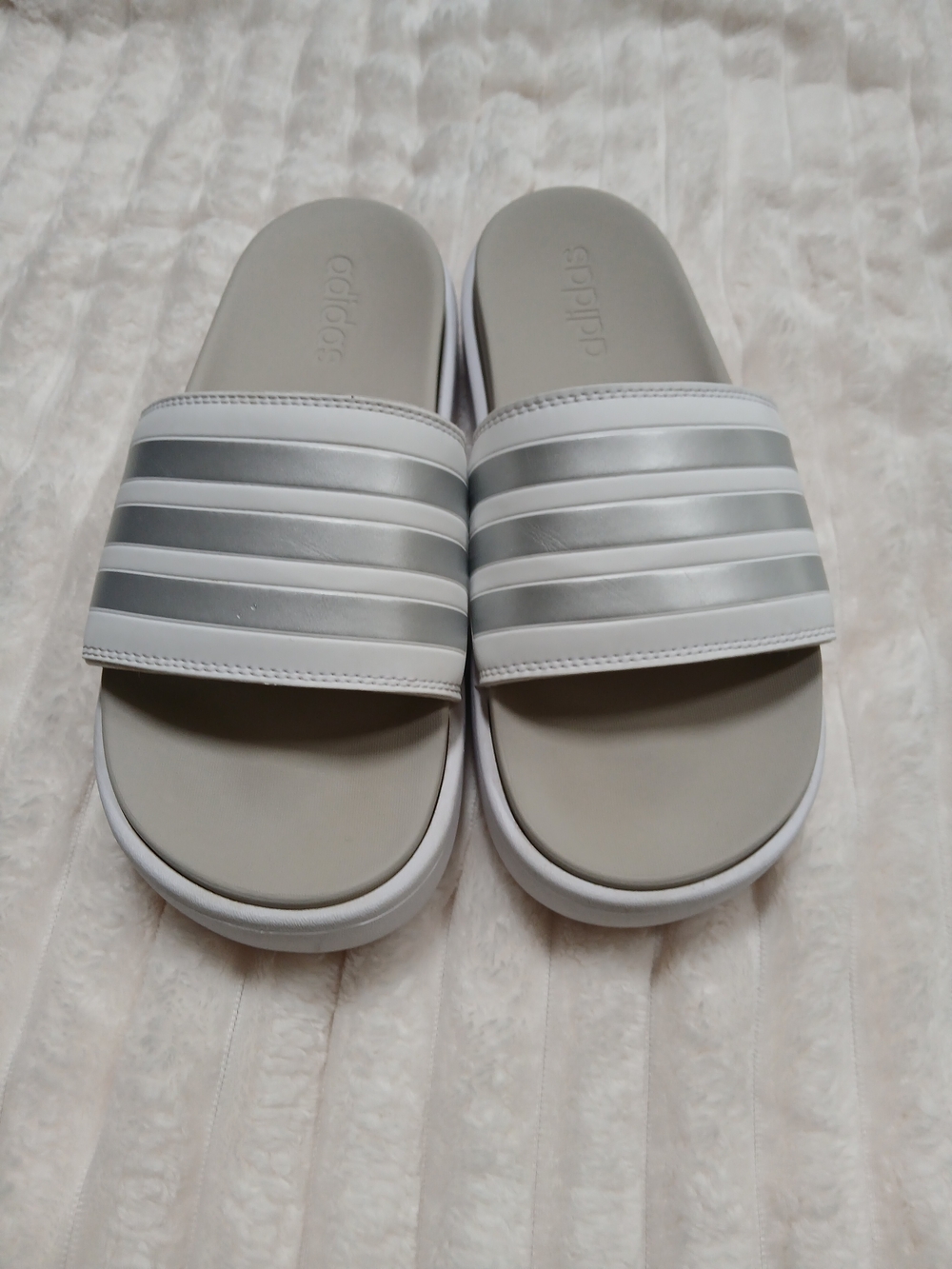 Adidas Grey Slide Sandals with Silver Stripes